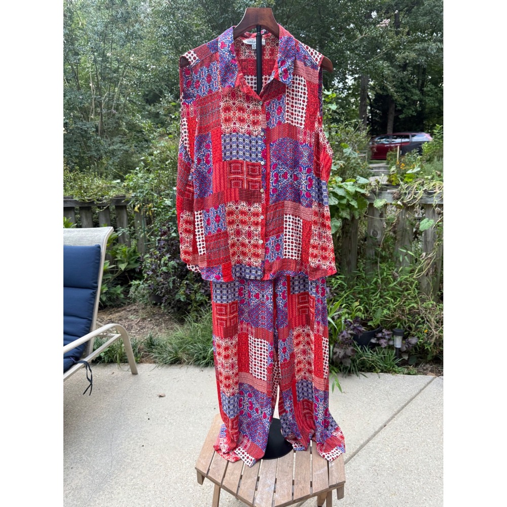 Rose + Olive 3X Patchwork Boho 2 Piece Set Sleeveless Top Wide Leg Pants